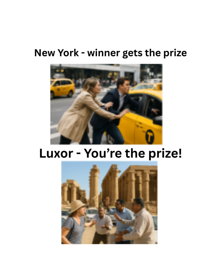 split image showing two people trying to take the same taxi and the second one showing taxi drivers in Egypt vying for the same woman to use their taxi