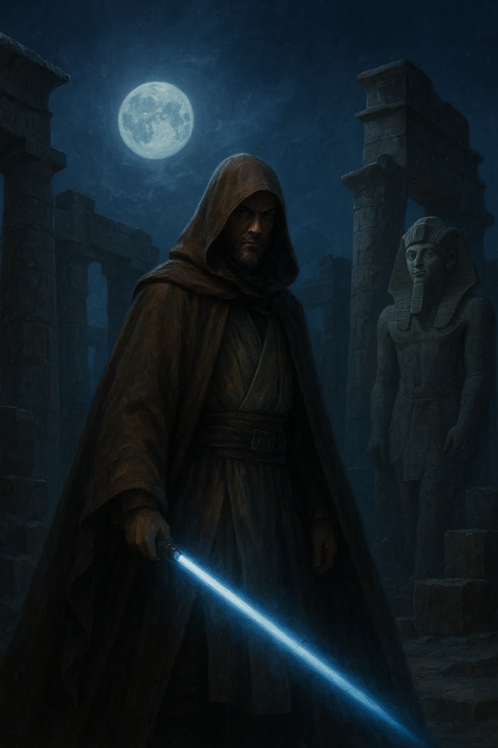 A cloaked figure contemplates the mysteries of ancient Egypt within moonlit temple ruins