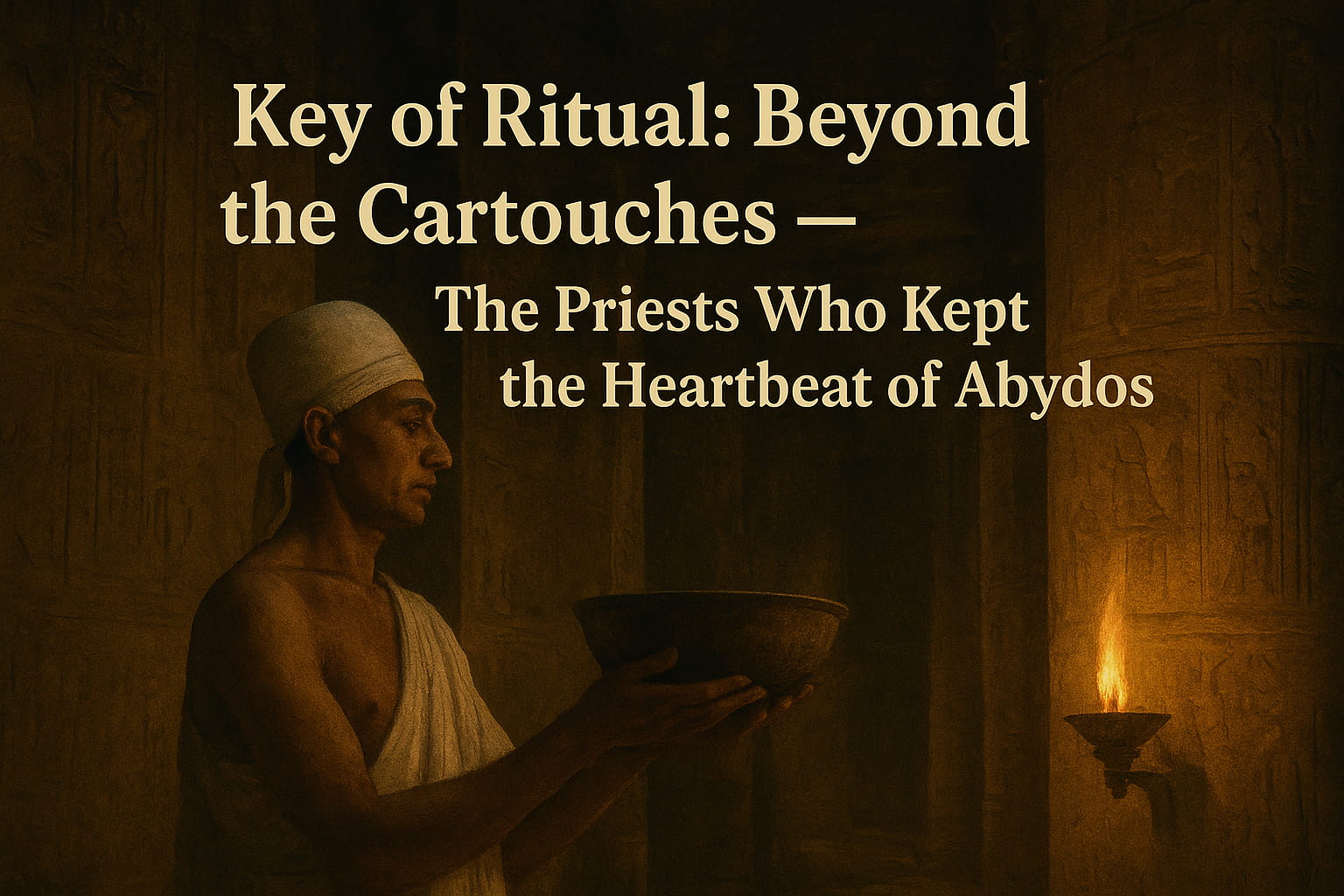 A Egyptian priest in a simple white linen robe carries an offering bowl through the dim, sacred halls of Abydos Temple, illuminated by the soft glow of a wall-mounted oil lamp