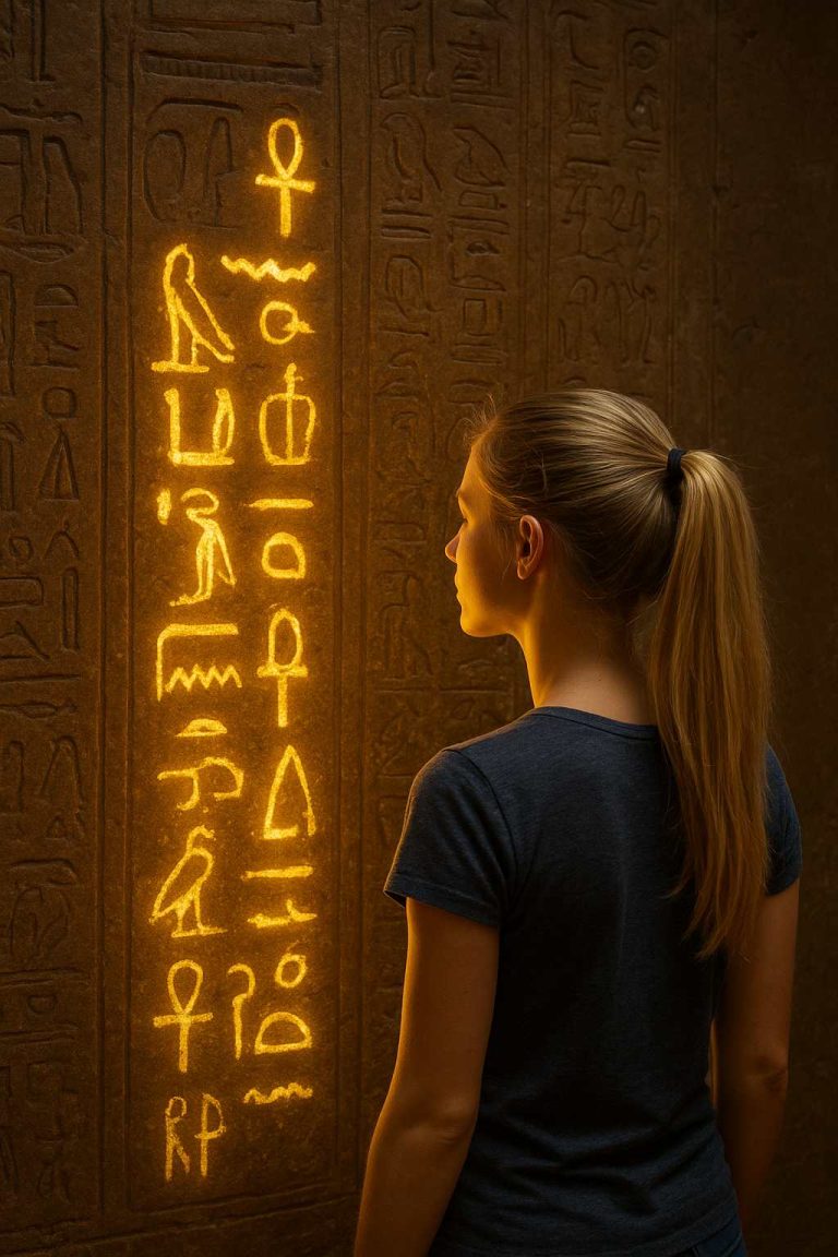 Young woman with long blond ponytail standing before a glowing wall of hieroglyphs inside an ancient Egyptian temple