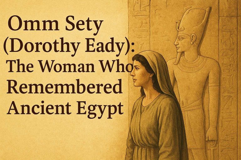 Illustration of Dorothy Eady, known as Omm Sety, in profile before a wall relief of Pharaoh Seti I at Abydos, with bold title text