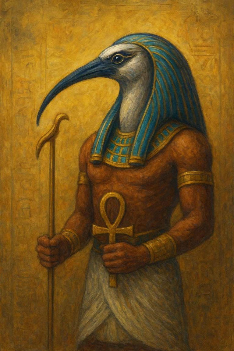 Painting of Thoth the Atlantean, depicted with ibis head, wearing striped headdress, holding ankh and scepter on golden background
