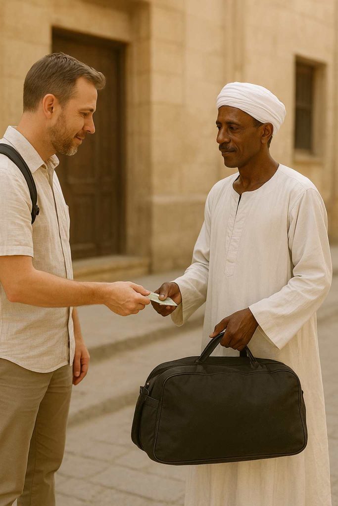 A western tourist discreetly handing a cash tip to an Egyptian porter carrying his luggage outside a hotel in Egypt.