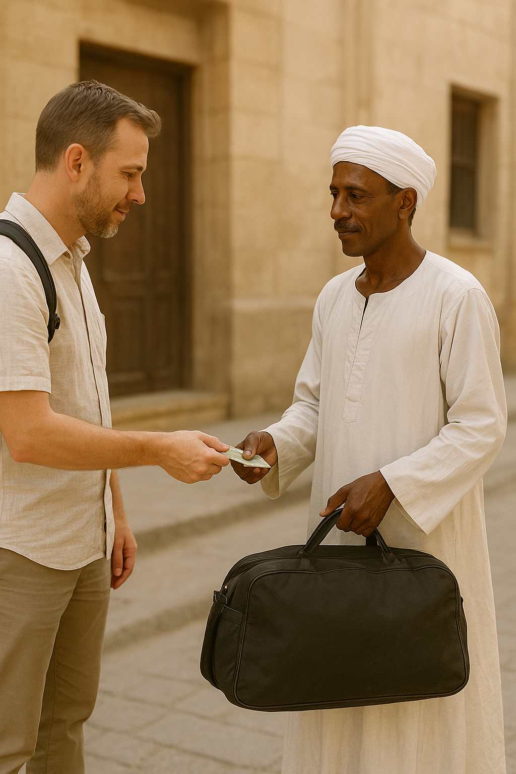 A western tourist discreetly handing a cash tip to an Egyptian porter carrying his luggage outside a hotel in Egypt.