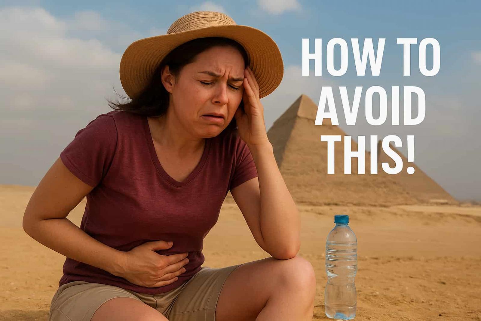 Tourist feeling sick in front of the pyramids in Egypt with text overlay saying How to Avoid This