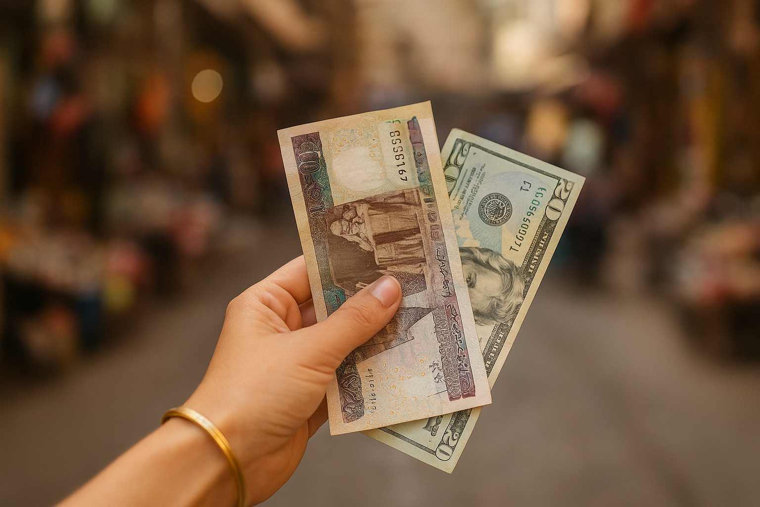 Hand holding a mix of Egyptian pounds and US dollars, showing the best currencies to bring when traveling to Egypt.