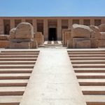 View ascending the twin stairways towards the Temple of Seti I at Abydos, Egypt.