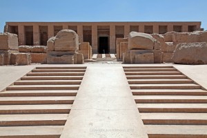 View ascending the twin stairways towards the Temple of Seti I at Abydos, Egypt.