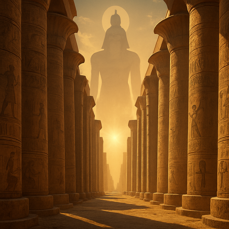 A conceptual AI-generated image depicting the giant, ghostly form of the god Amun-Ra looming over the columns and pathways of Karnak Temple in Luxor, Egypt