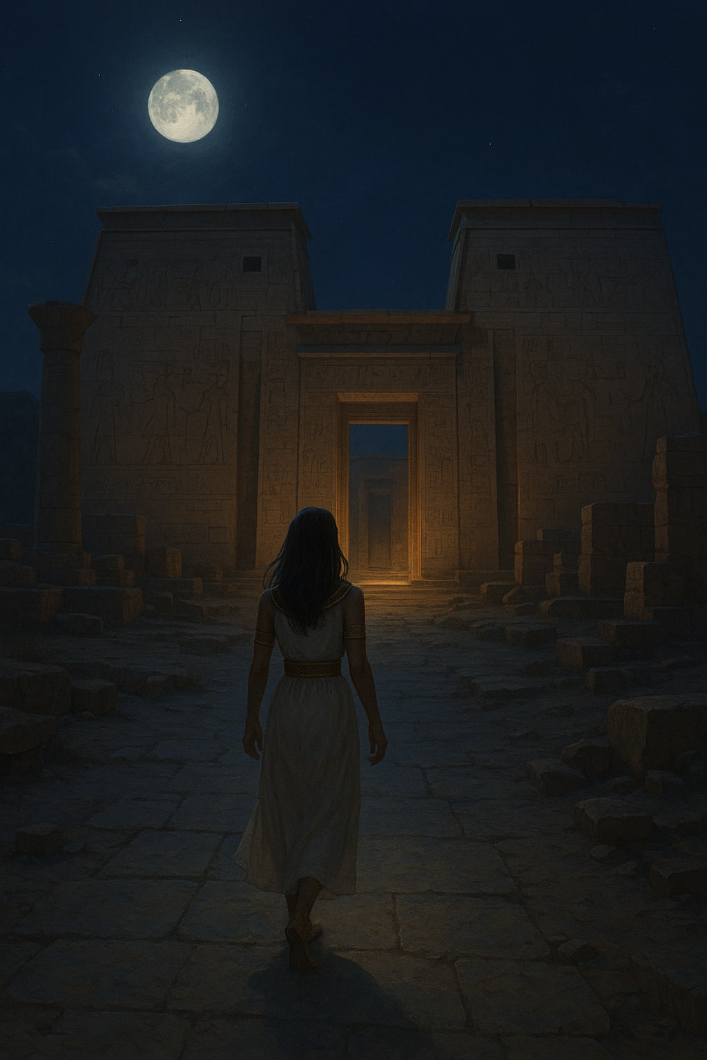 A woman in an a white dress walks a moonlit path towards the illuminated walls of Medinet Habu temple at night.