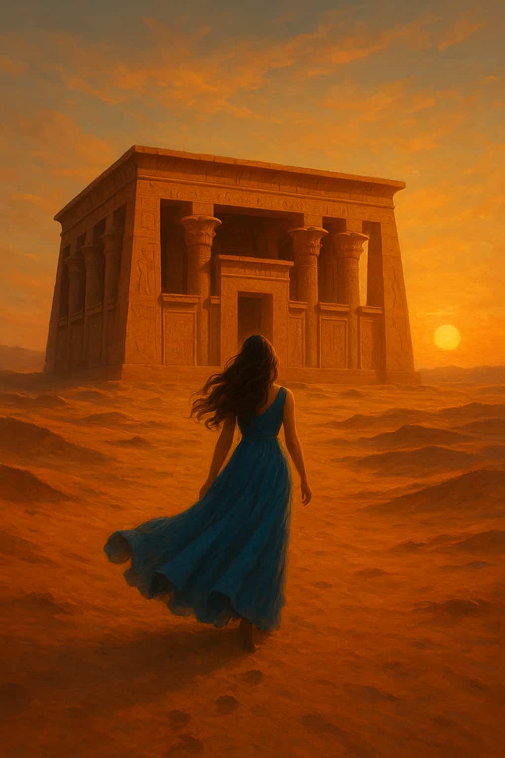 Woman in a flowing blue dress walking toward an ancient Egyptian temple in the desert at sunset