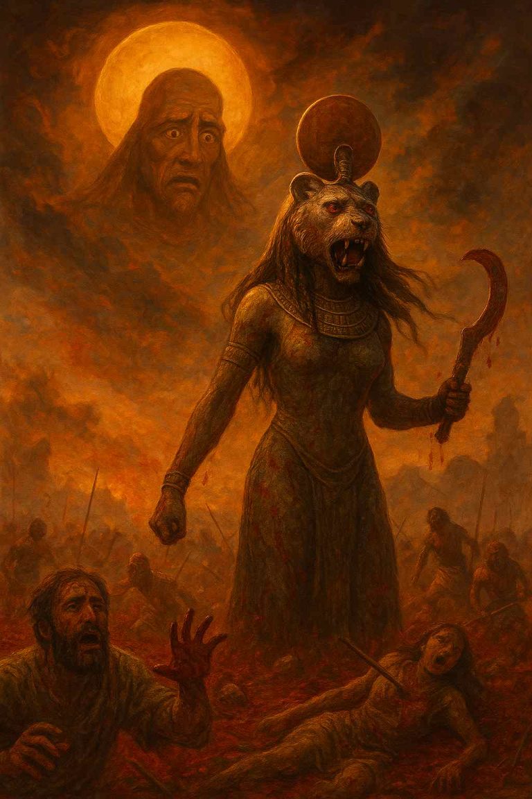 Sekhmet with blood stained clothes, holiding a sickle ravaging the earth among fallen bodies as the God Ra watches from the sky in horror