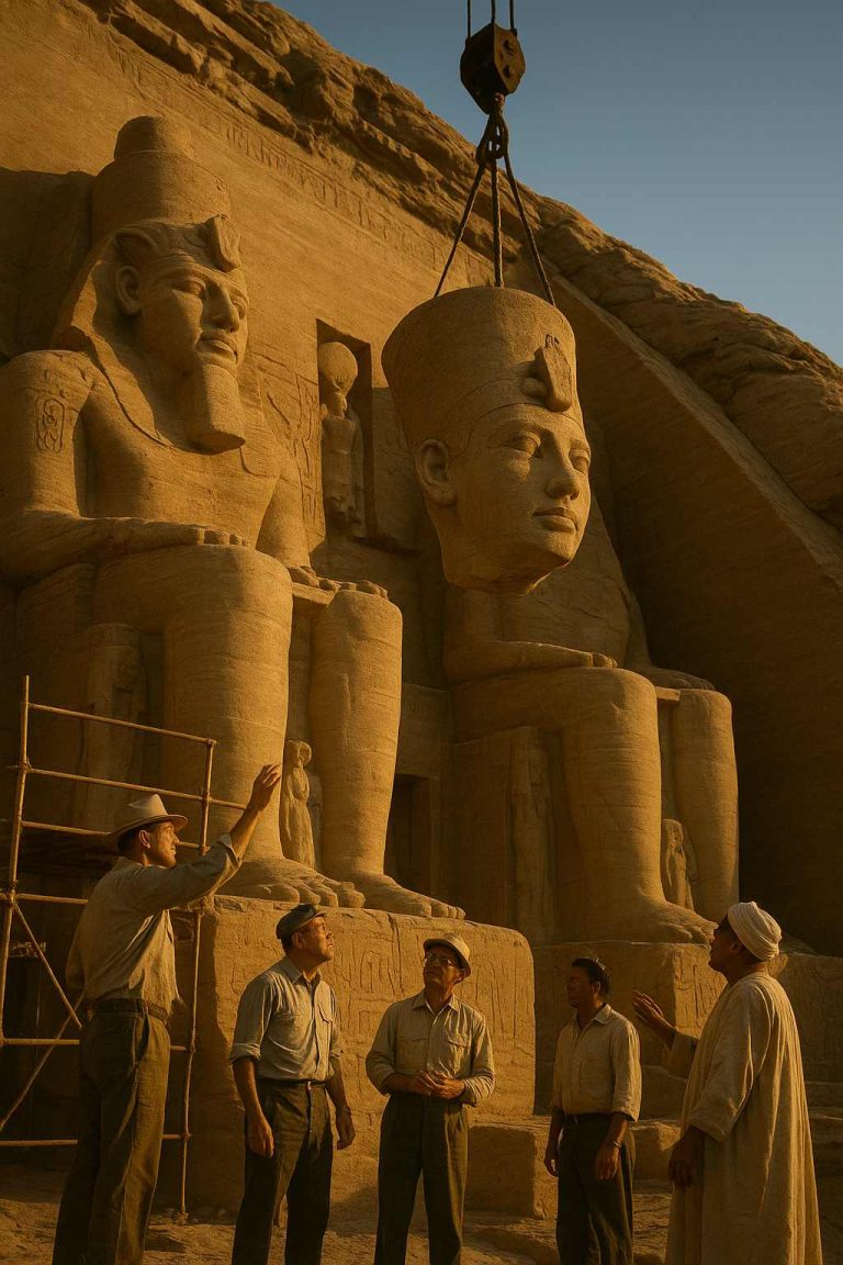 Mid-1960s scene at Abu Simbel during the temple relocation: international engineers and Egyptian workers stand on scaffolding, discussing as a massive stone head of Queen Nefertari is suspended by a crane above her seated statue. Colossal statues of Ramses II are in the background under warm golden-hour desert light