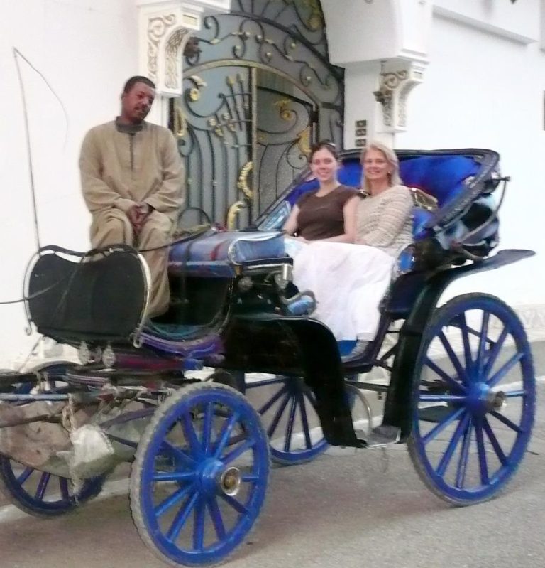 Two guests riding a horse-drawn calesh outside the double wrought-iron doors of Mara House Luxor