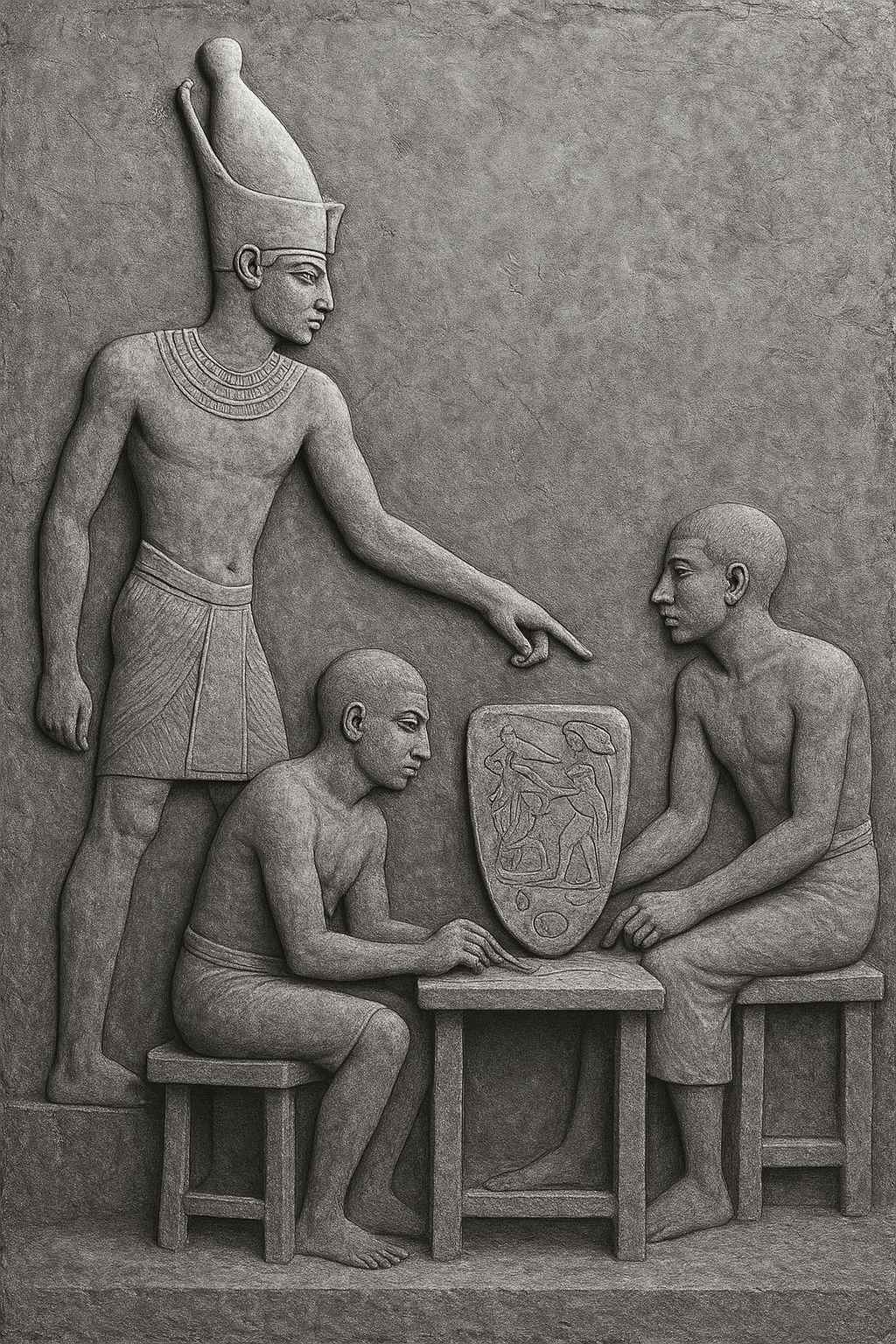 King Narmer explains his vision of a powerful, unified Egypt to artisans as they design the Narmer Palette