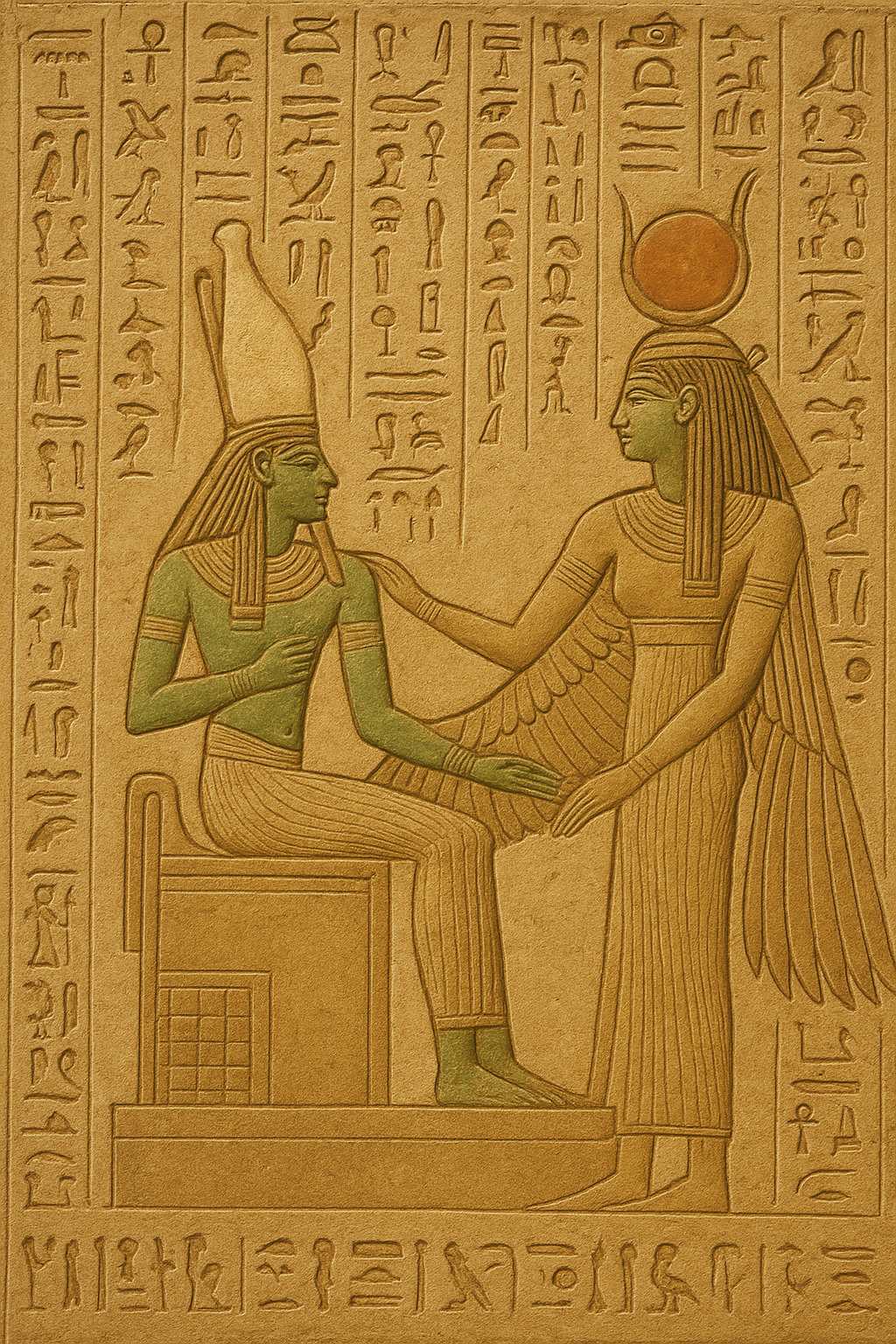 Ancient Egyptian relief showing Osiris seated on a throne with green skin, accompanied by goddess Isis, with hieroglyphic background