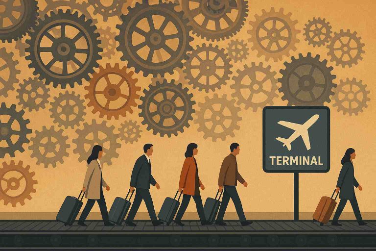 5 people carrying suitcases. A sign for airport. Many cogs in the background.