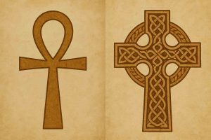 Side-by-side illustration of an ancient Egyptian Ankh and a Celtic Cross, both in golden-brown tones on parchment background, showing their visual resemblance.