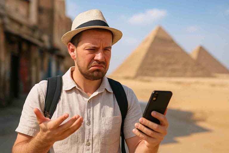 Frustrated tourist holding a phone near the Pyramids of Giza, showing disappointment with his travel experience in Egypt