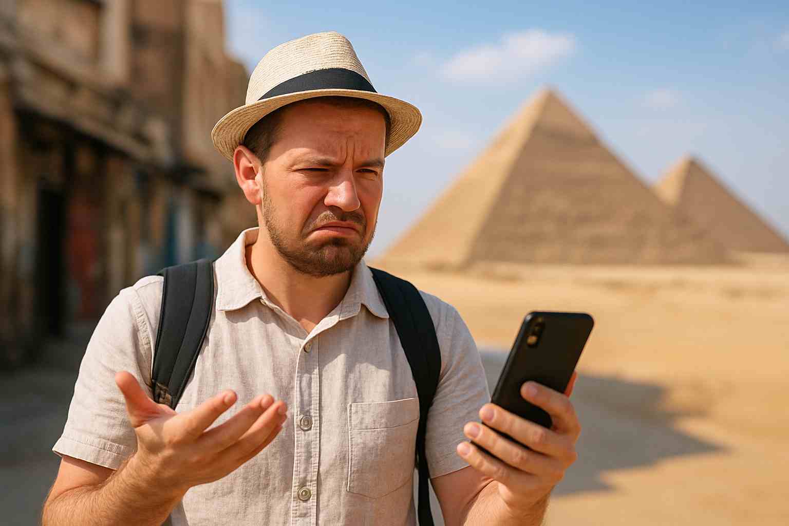 Frustrated tourist holding a phone near the Pyramids of Giza, showing disappointment with his travel experience in Egypt