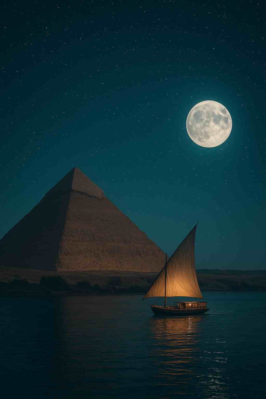 A felluca (small sail boat) sailing on the Nile at night beneath a full moon, with the Great Pyramid of Giza illuminated in the distance — evoking Egypt’s mystery and timeless beauty.