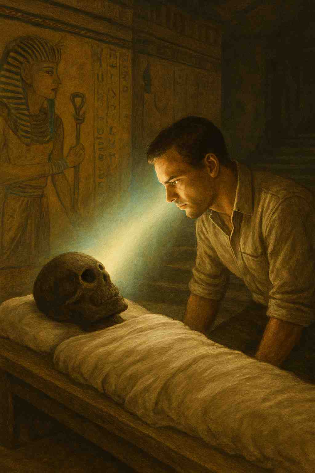 A man kneels in a mystical encounter with the mummy of King Tutankhamun in his tomb, an eerie light passing between their faces.