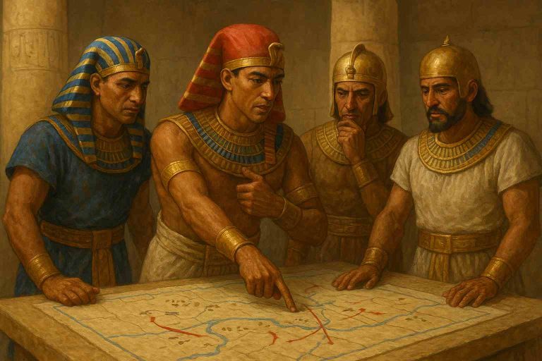 Pharaoh Thutmose III planning the Battle of Megiddo with his generals over a tactical map