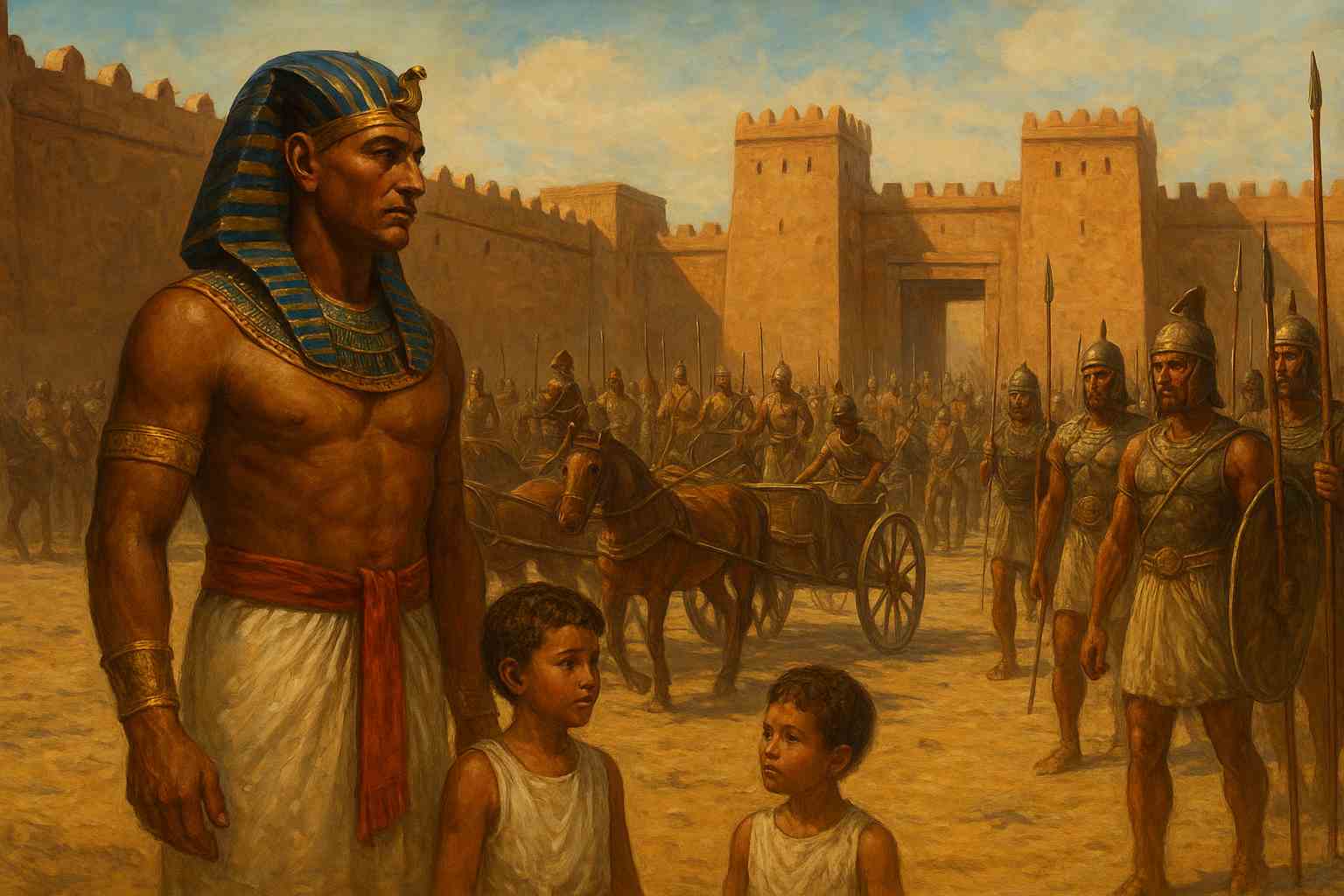 A dramatic digital reconstruction of Pharaoh Ramses II observing troops in the sun-baked courtyard of the Tjaru fortress, with his young sons standing nearby, as chariots and Sherden warriors prepare for the march to Kadesh.