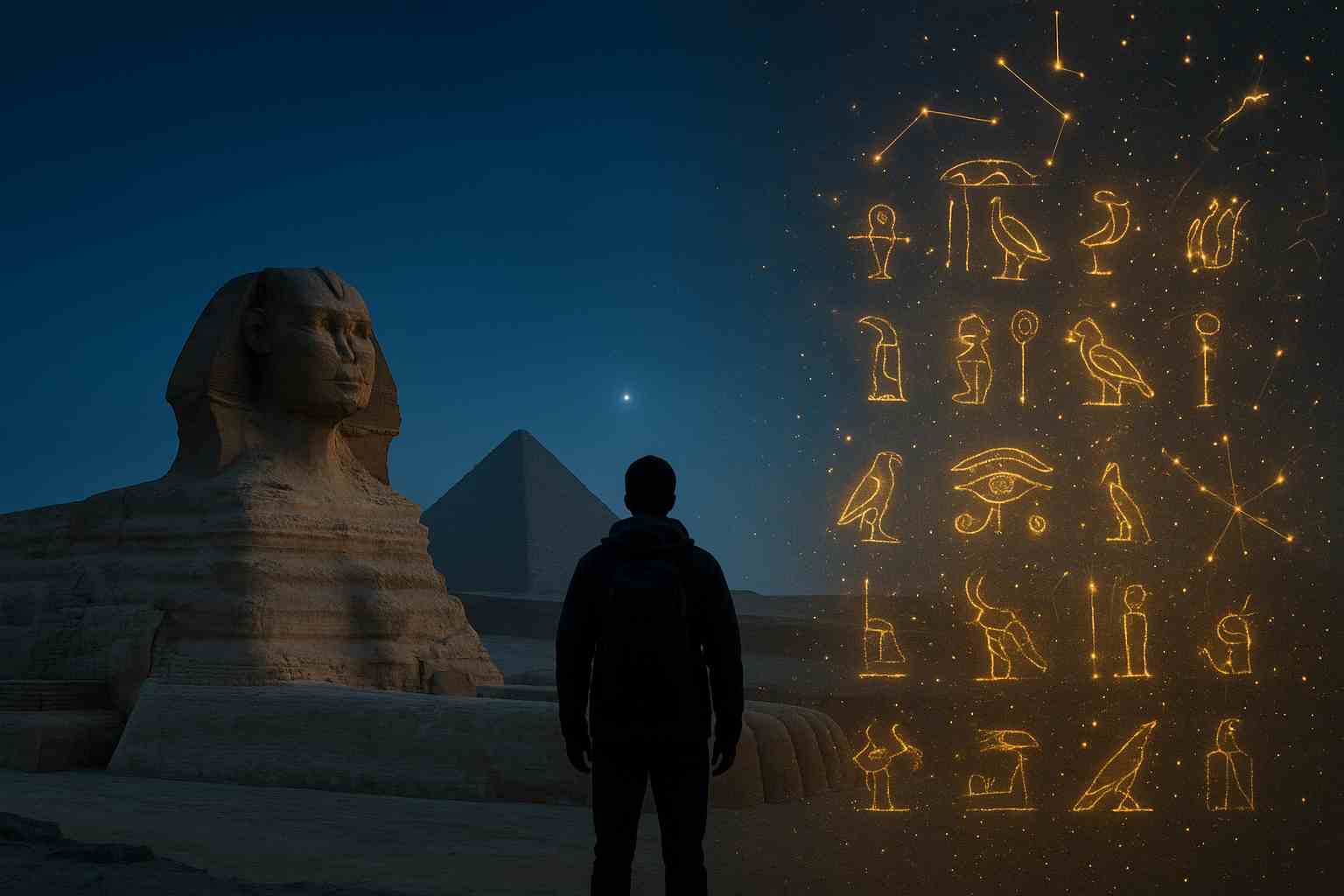 Silhouetted traveler gazing at the Great Sphinx and Pyramids of Giza during blue hour just after sunset