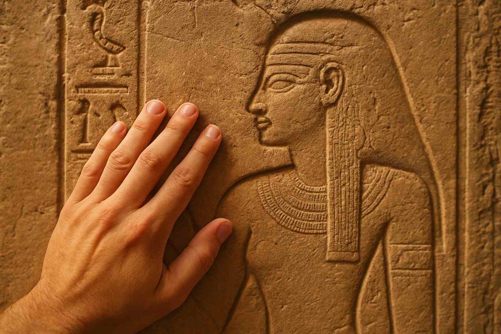 Close-up of a traveller’s hand touching an ancient Egyptian wall relief under warm, soft light