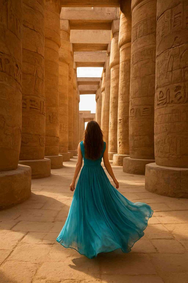 Back view of a woman in a flowing turquoise dress walking gracefully through the towering sandstone columns of Karnak Temple in Luxor, Egypt.