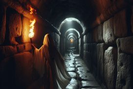 A priestess of Isis descends into the ancient tunnel at Taposiris Magna, holding a torch aloft to light the way for the funeral procession of Cleopatra and Mark Antony