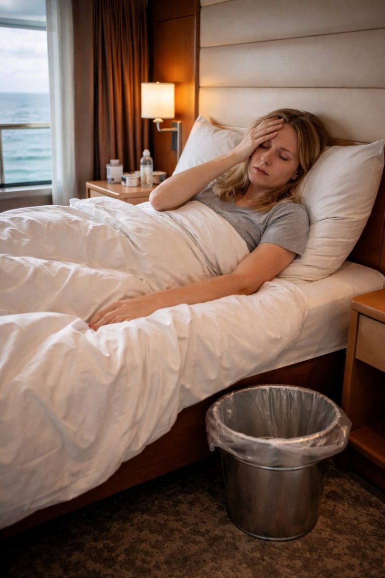 sick woman in bed which has a window showing the sea outside, bucket by the bed.