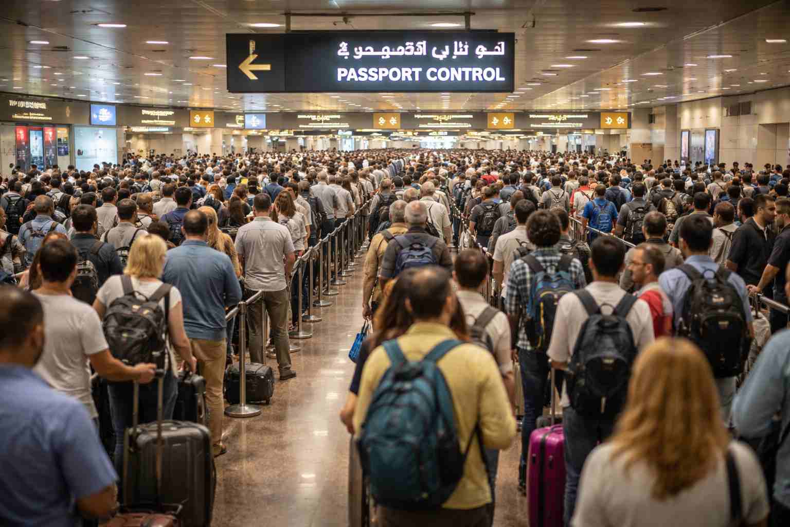 many lines of people waiting at airport passport controls