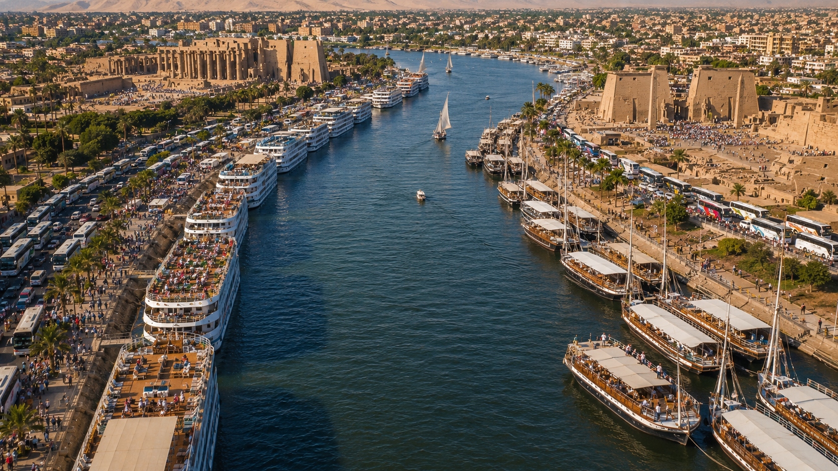 Arial view of Luxor, streets crowded with buses on both sides and the River Nile with boats docked on either side.