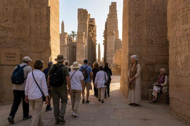 two grey haired women stand at the entrance to Karnak Temple as a group of tourists enter