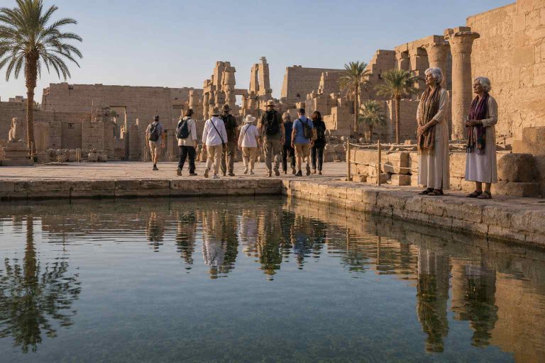 Two grey haired women stand before the sacred lake at Karnak Temple with a group of tourists in the background