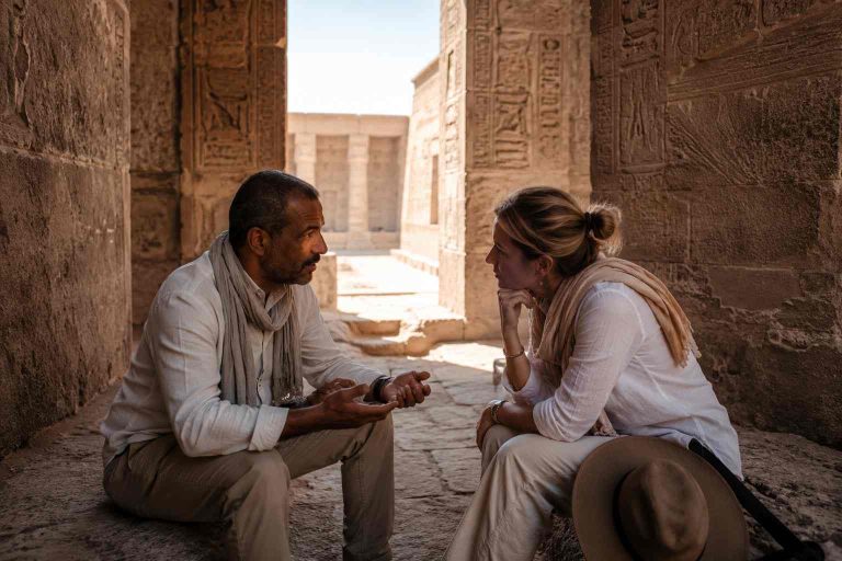 A guide is seated in a temple with a female tourist, having a relaxed quiet chat.