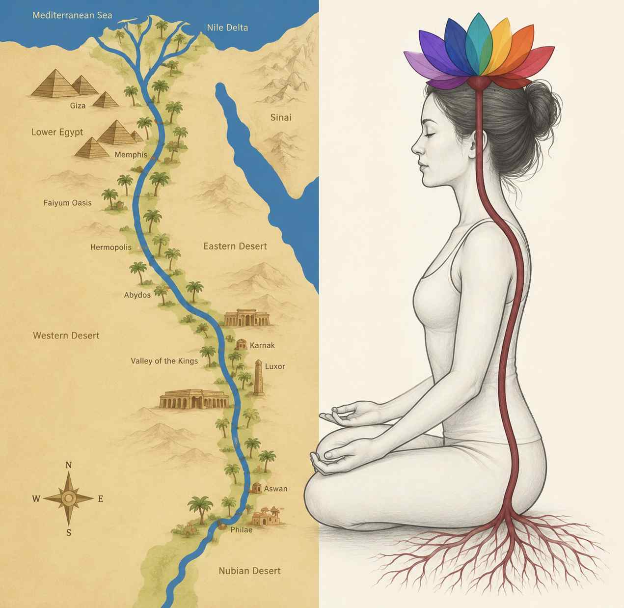 map of the Nile River in Egypt and split image of lady in lotus position with crown chakra open