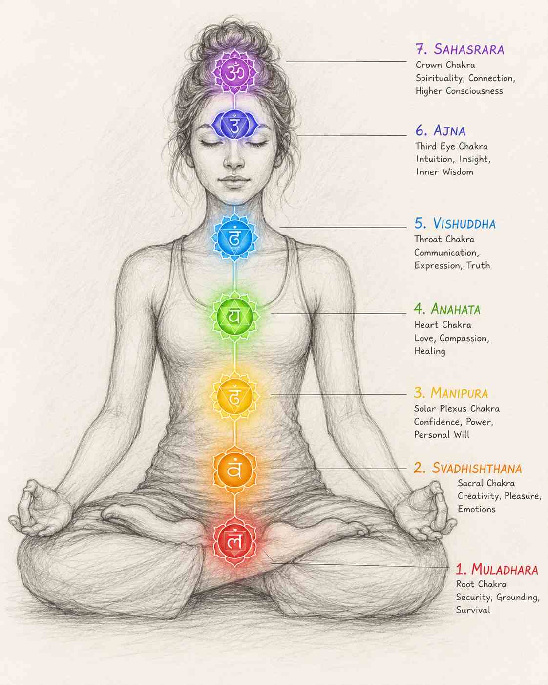 pencil drawing of a woman sitting crosslegged. Each of the 7 chakra centres are shown