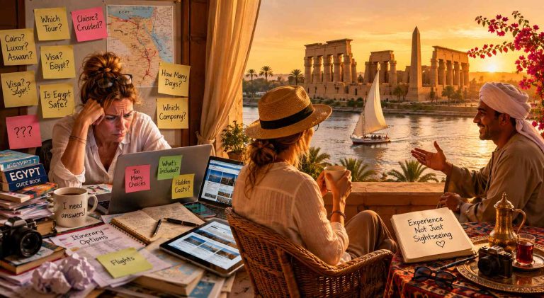 split image - on one side a frustrated western woman at a laptop with stickers on the wall behind her. the other image shows a tranquil woman looking over the Nile