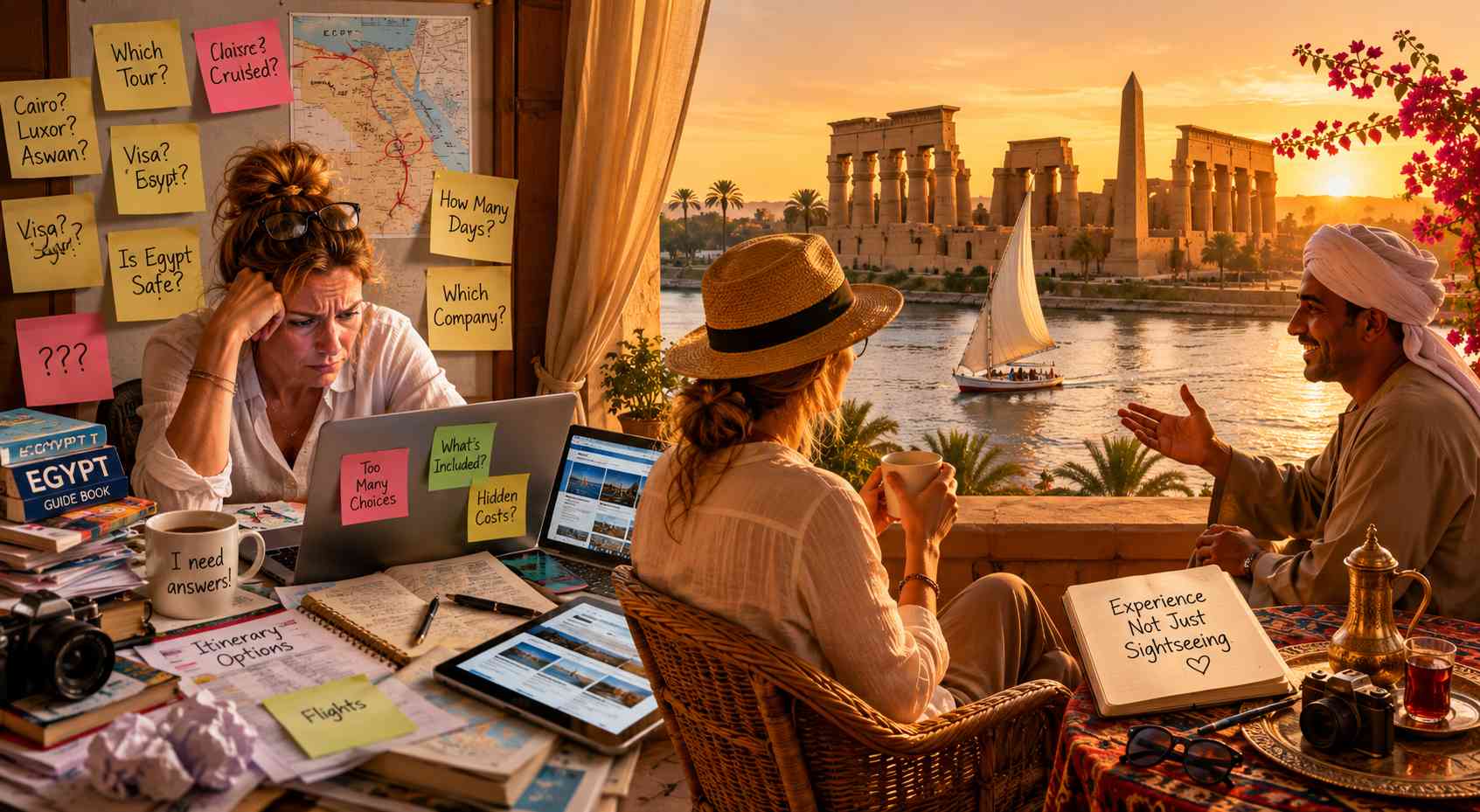 split image - on one side a frustrated western woman at a laptop with stickers on the wall behind her. the other image shows a tranquil woman looking over the Nile